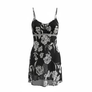 Black Floral Sheer Slip Lingerie Y2K Inspired Satin Ribbon Side Slit
